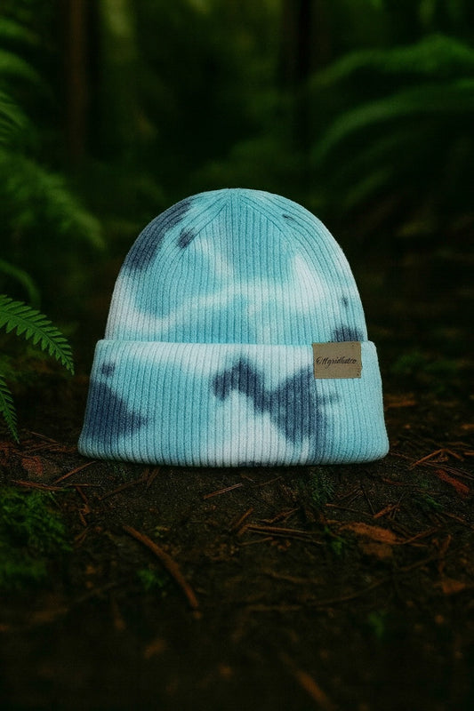 Acrylic Tie Dye Beanie – Teal, Midnight & White Winter Hat