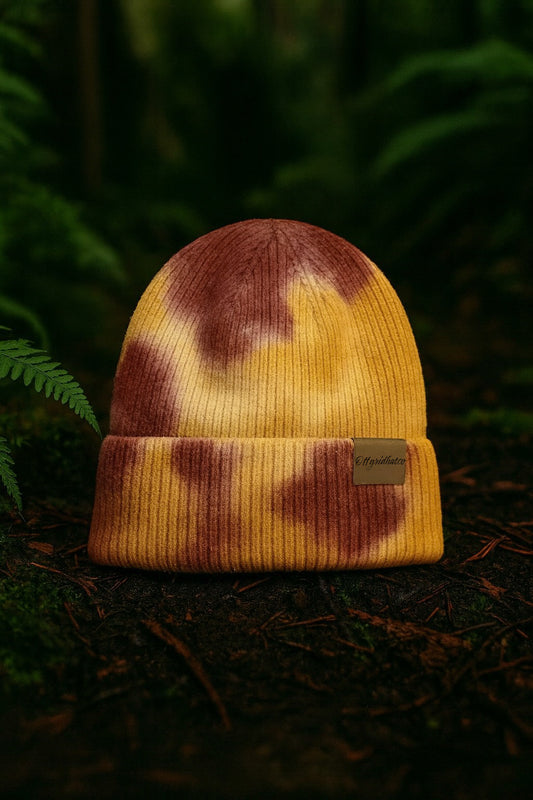 Acrylic Tie Dye Beanie – Golden, White & Red Winter Hat
